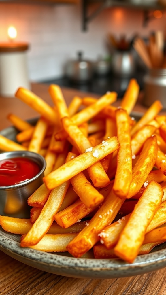 A bowl of crispy air fryer French fries with a side of ketchup, set in a warm kitchen.